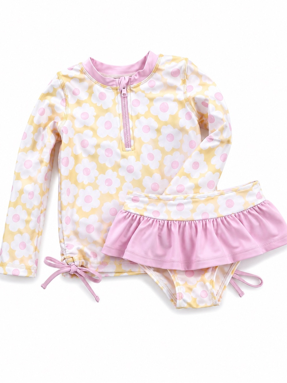 Caden Lane Daisy Floral Rash Guard Swimsuit Set Girls 4T Pink Yellow Ruffle UPF